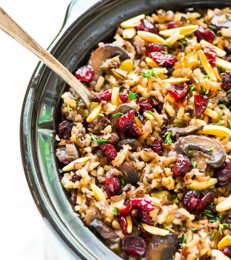 Vegan Christmas Recipes - Crock Pot Stuffing with Wild Rice Cranberries and Almonds